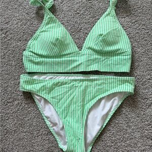 Aerie Green and White Striped Bikini